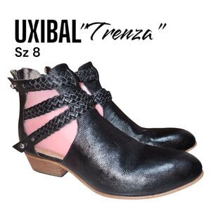 UXIBAL 8 ANTHROPOLOGIE TRENZA BLK Leather Braided Handmade Heel Zip Boots
